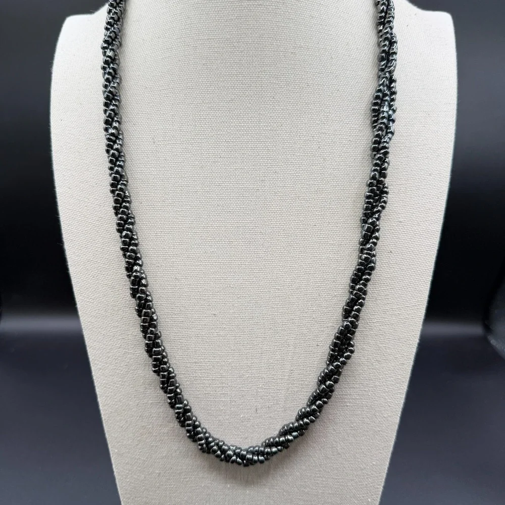 Hematite Black Beaded Triple Strand Twist Necklace Gunmetal Barrel Clasp Gift